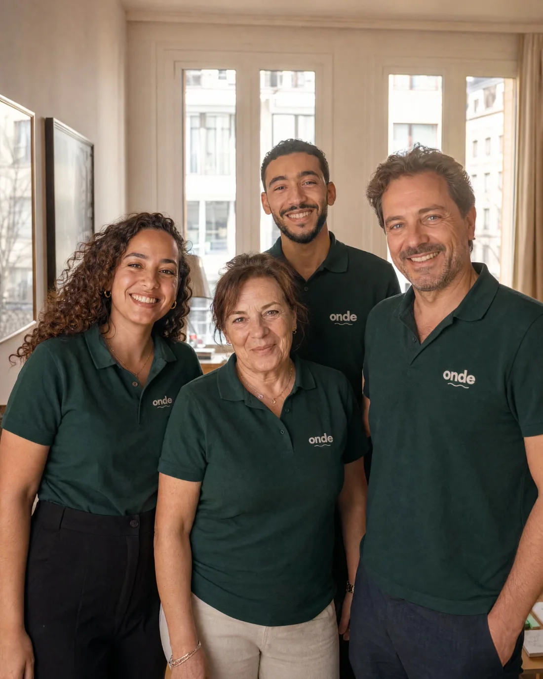 L'équipe ONDE en polo de marque, réunie dans un appartement genevois